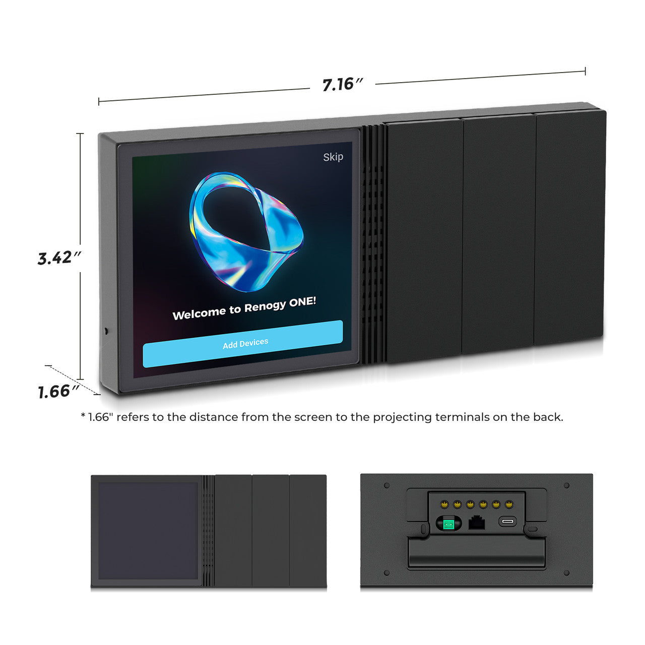 Renogy ONE monitor front and rear views with overall dimensions and connection ports