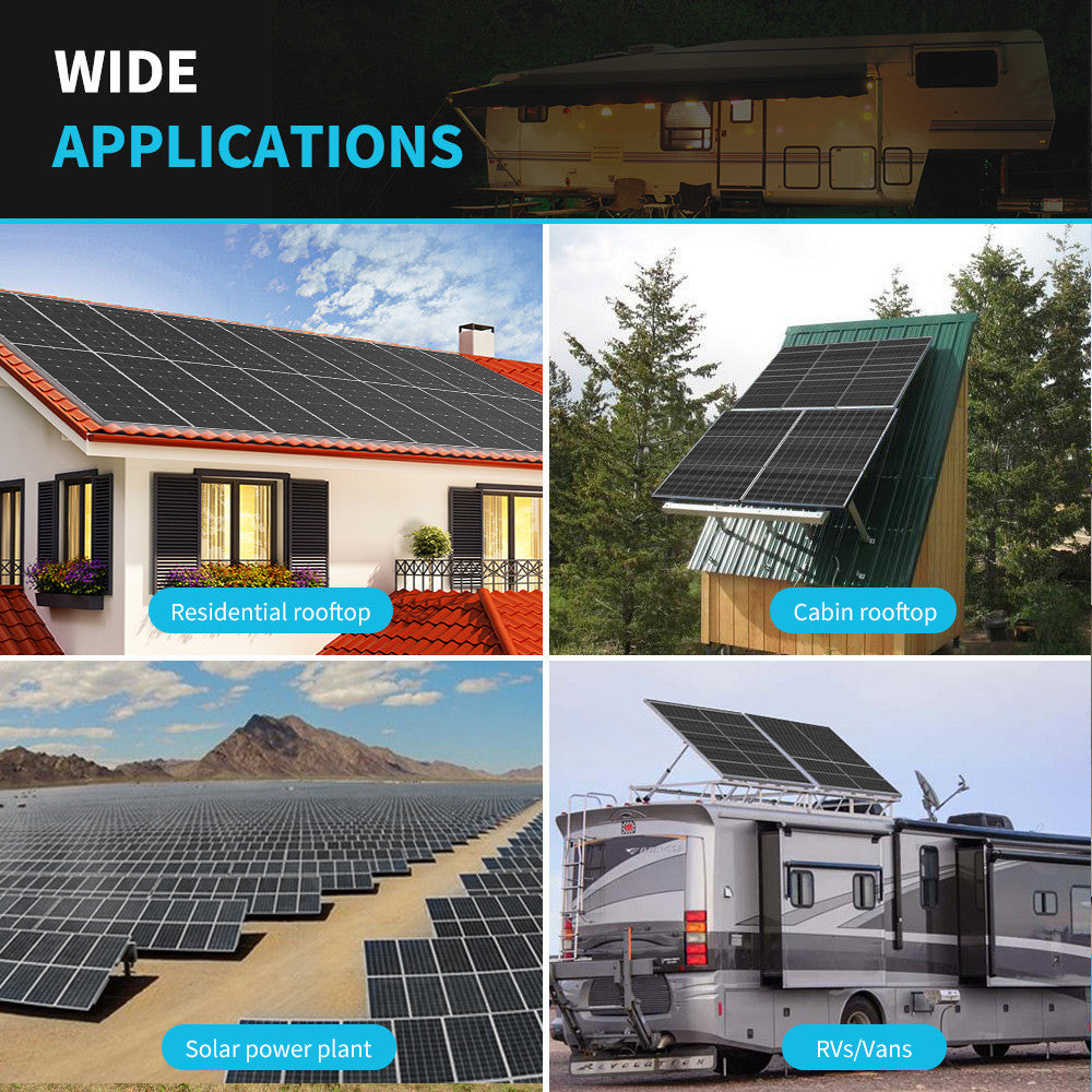 Renogy 320W solar panel applications for RV, rooftop, cabin, and solar farm use