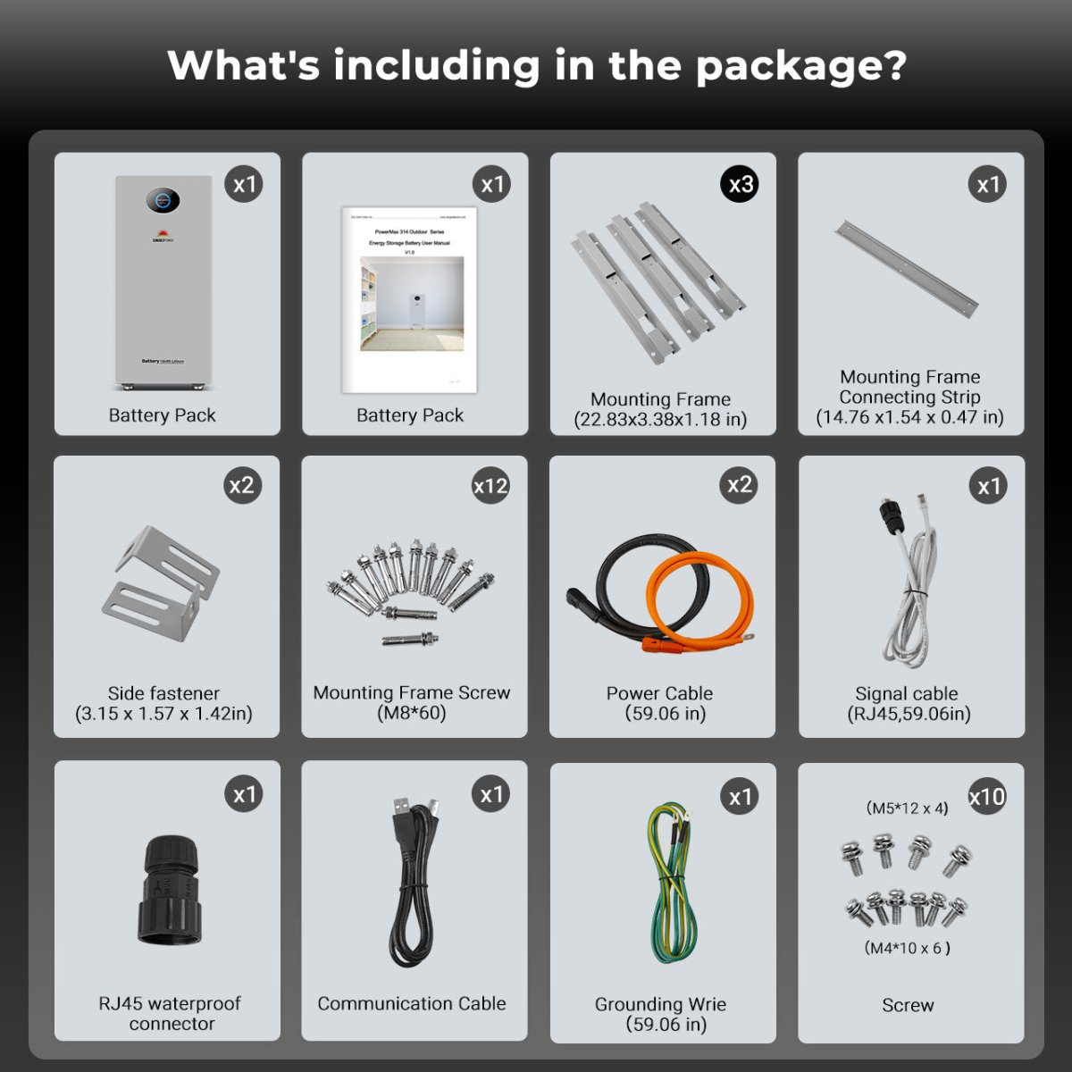 PowerMax 314 Outdoor package contents with mounting frame, cables, fasteners, and manual