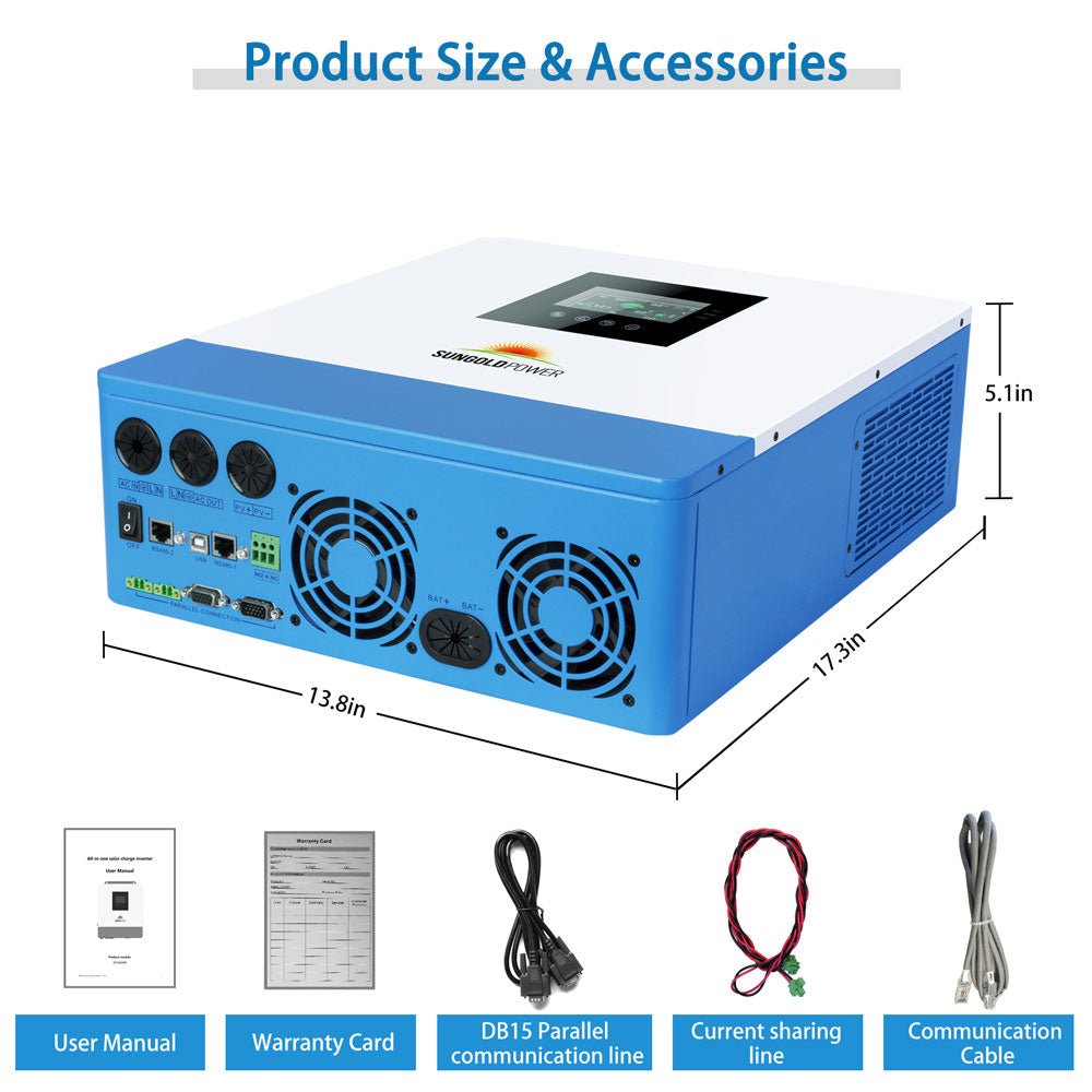 SPH5048P dimensions and included manual, warranty card, and communication cables