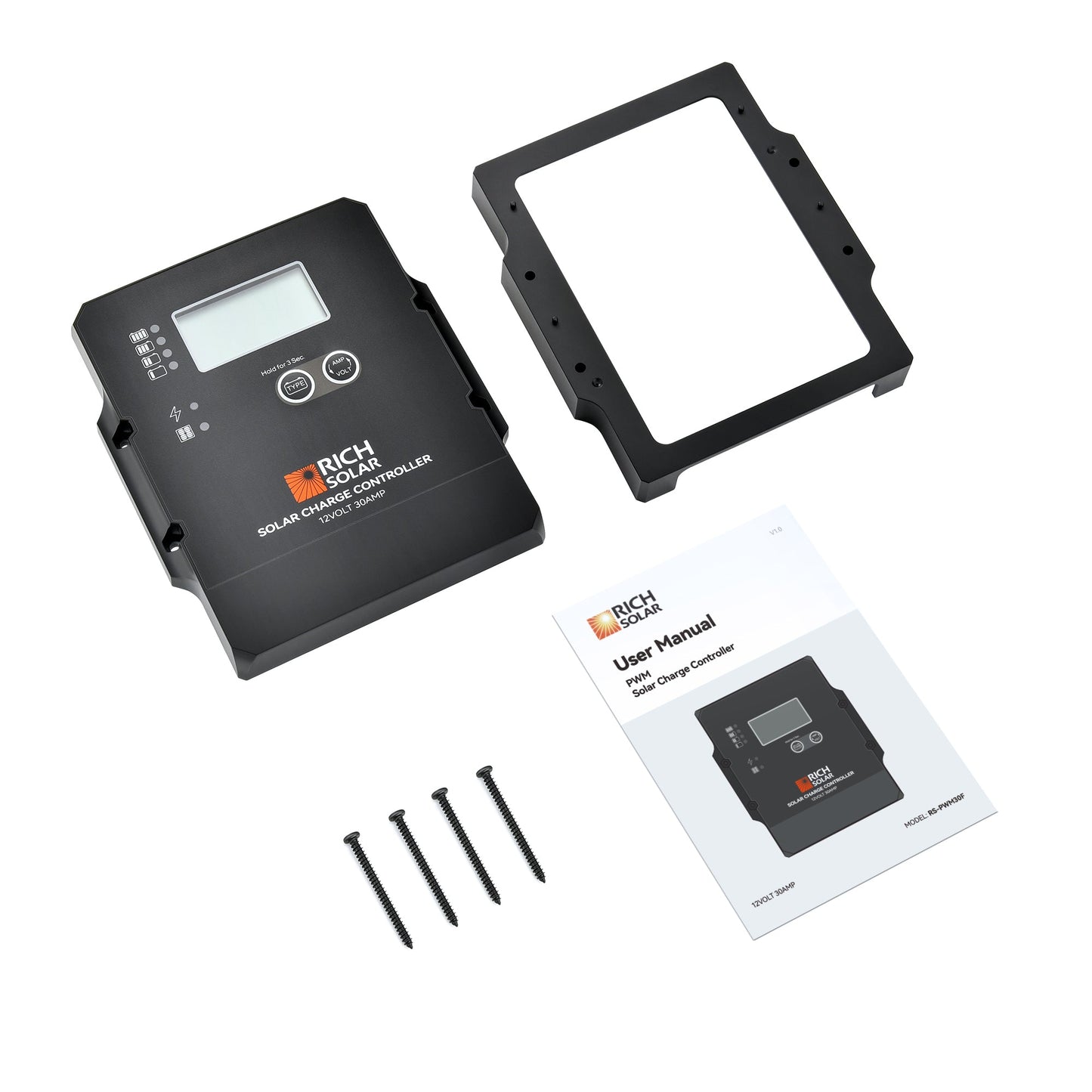 RICH SOLAR 12V 30A PWM controller with mounting frame, screws and user manual