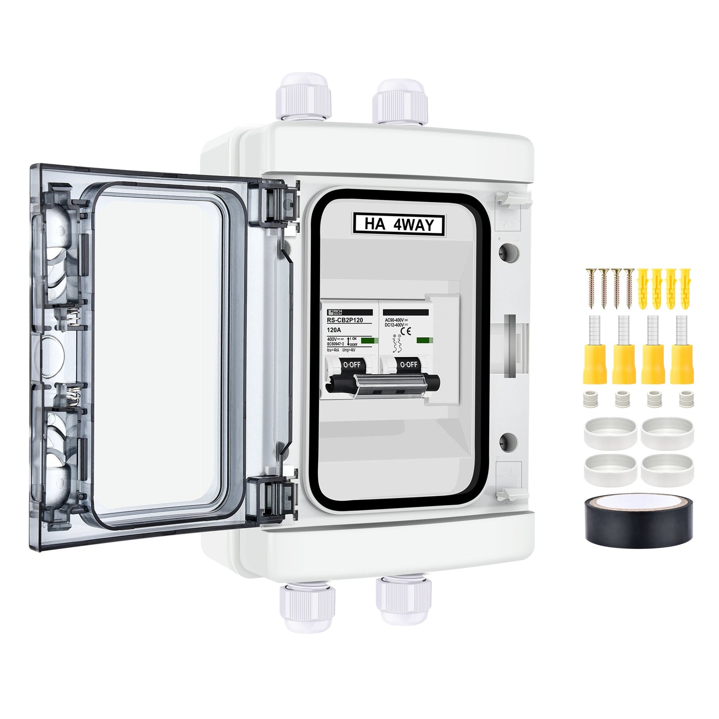 RICH SOLAR 120A two-pole outdoor circuit breaker box with door open and mounting hardware