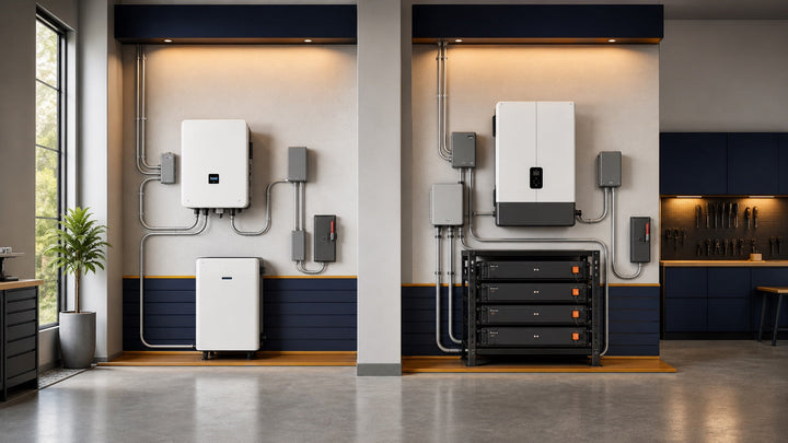 Compact 24-volt hybrid inverter system beside a larger 48-volt rack-battery installation.