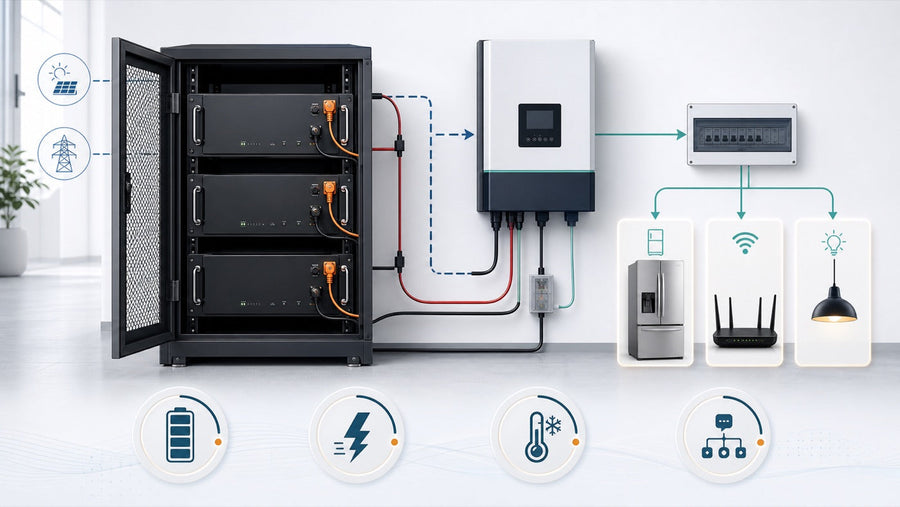 Three 48V-class server-rack batteries connected to an inverter and selected critical household loads
