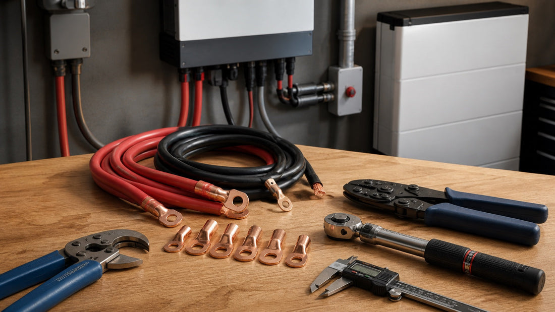 Heavy-gauge battery cables and copper lugs arranged beside professional crimping and torque tools.
