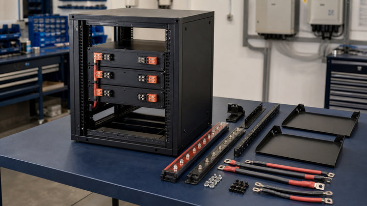 Open server-battery rack with busbars, mounting brackets, and terminated cables arranged for fitment review.