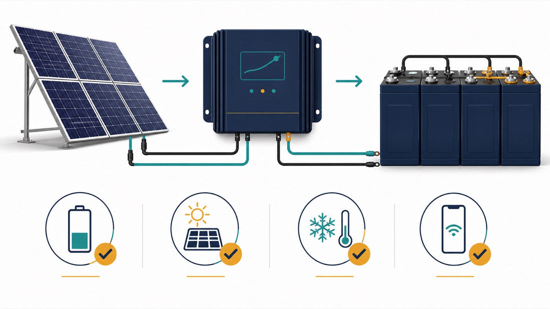 Solar array feeding an MPPT charge controller and battery bank with voltage, wattage, cold-weather and monitoring checkpoints