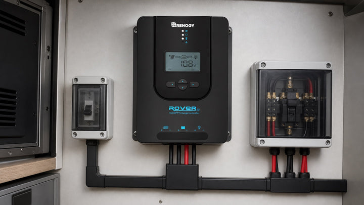 Renogy Rover 40A MPPT charge controller mounted in an electrical bay with enclosed disconnects and protected cable routing.