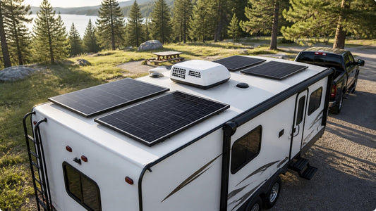 Four rooftop solar panels installed around the vents and air conditioner on a parked travel trailer.