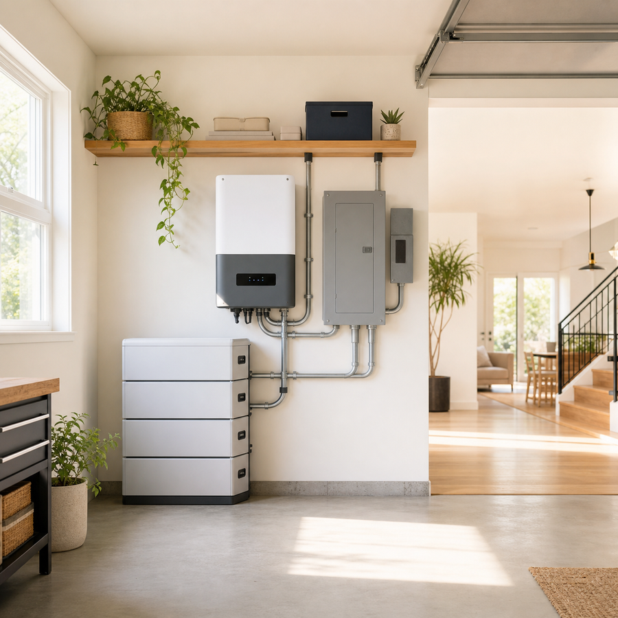 Home battery backup sizing guide showing solar panels, battery storage and essential household loads