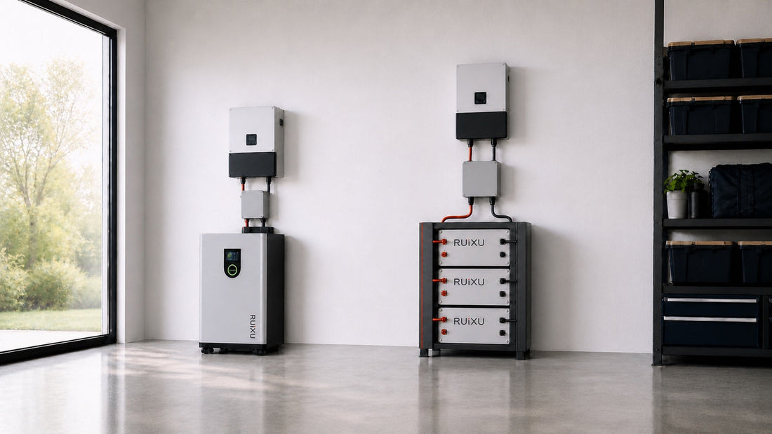 RUiXU Lithi2-16 beside three RX-LFP48100 rack batteries with separate protected cable paths