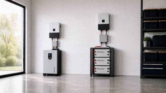 RUiXU Lithi2-16 beside three RX-LFP48100 rack batteries with separate protected cable paths