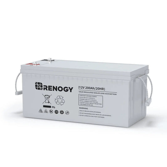 Renogy 12V 200Ah deep-cycle AGM battery on a white background