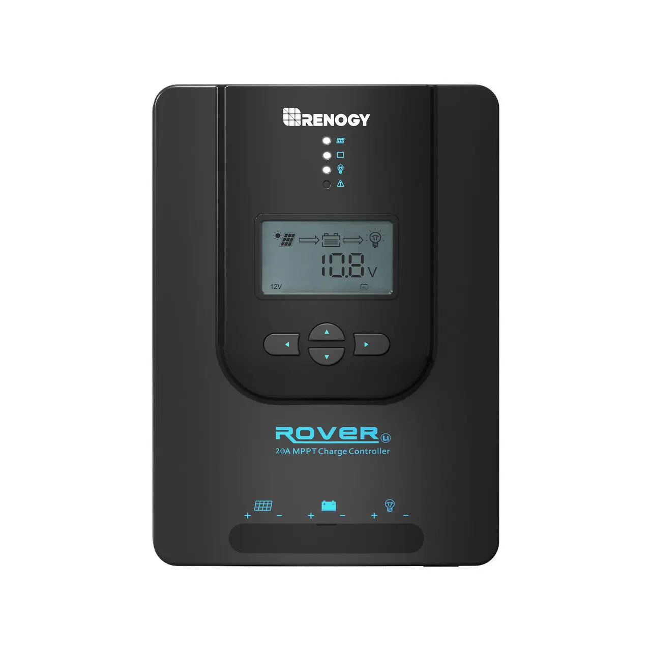 Renogy Rover 20A MPPT charge controller front view with LCD voltage display