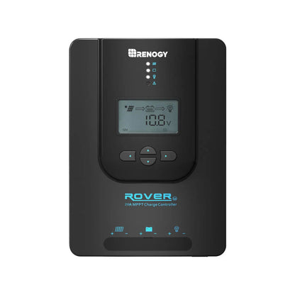 Renogy Rover 20A MPPT charge controller front view with LCD voltage display