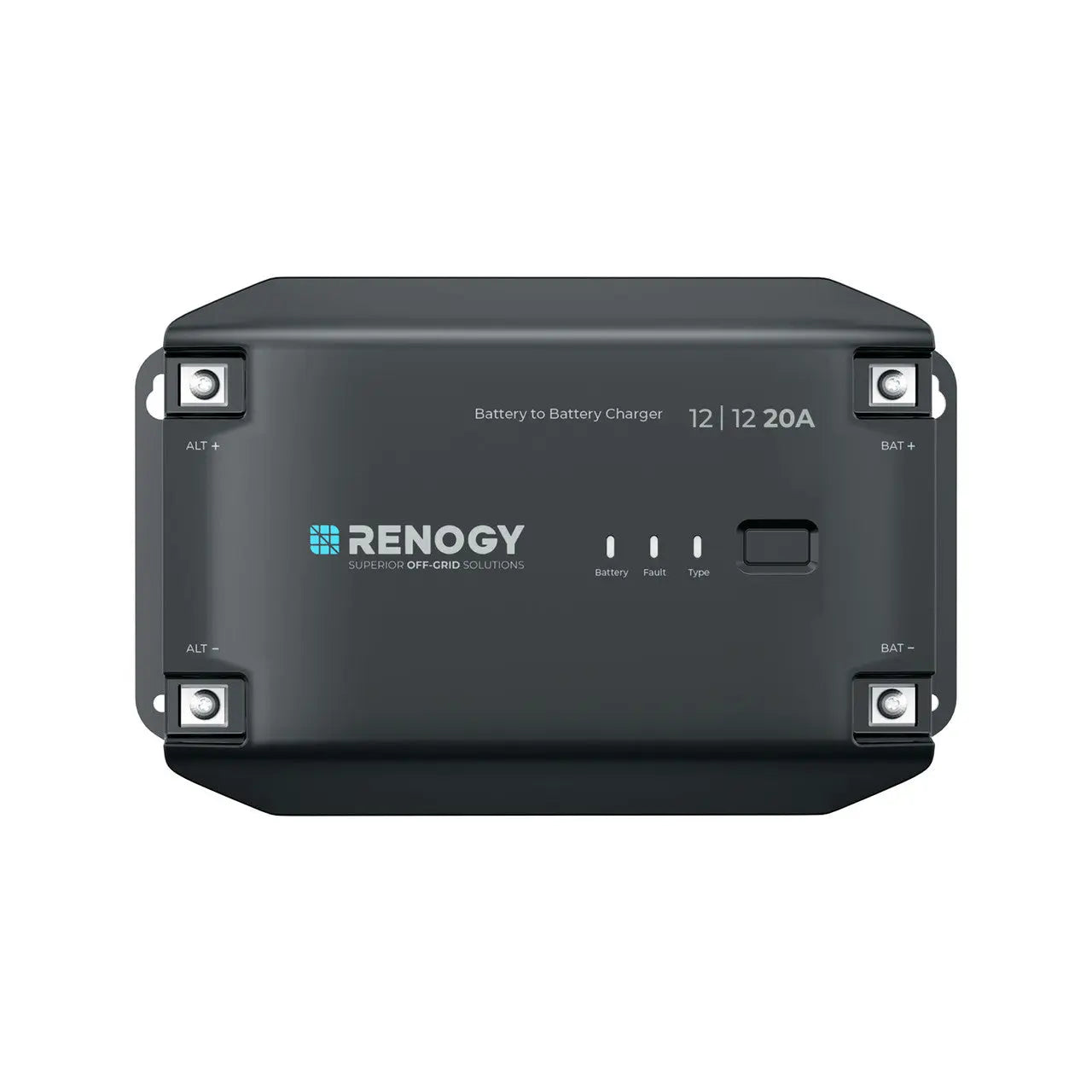 Renogy 12V 20A DC-to-DC battery charger on a white background
