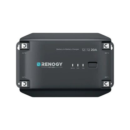 Renogy 12V 20A DC-to-DC battery charger on a white background