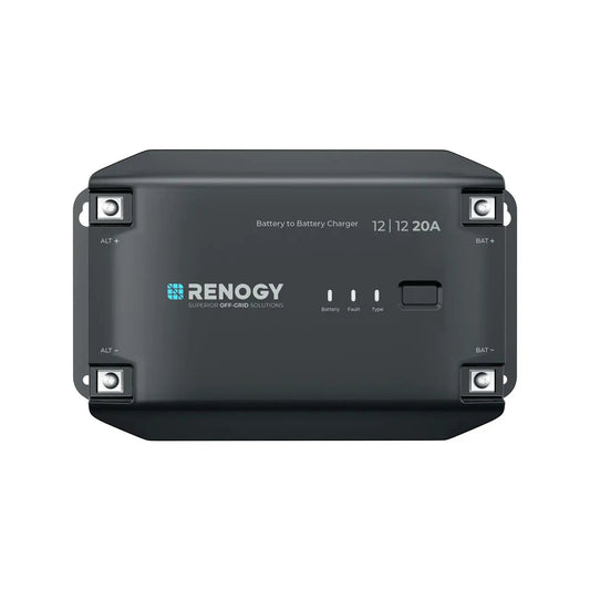 Renogy 12V 20A DC-to-DC battery charger on a white background