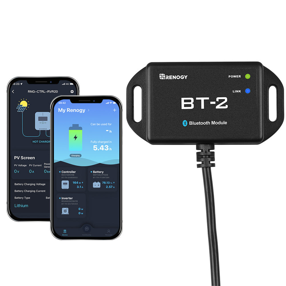 Renogy BT-2 module beside DC Home and My Renogy mobile app monitoring screens