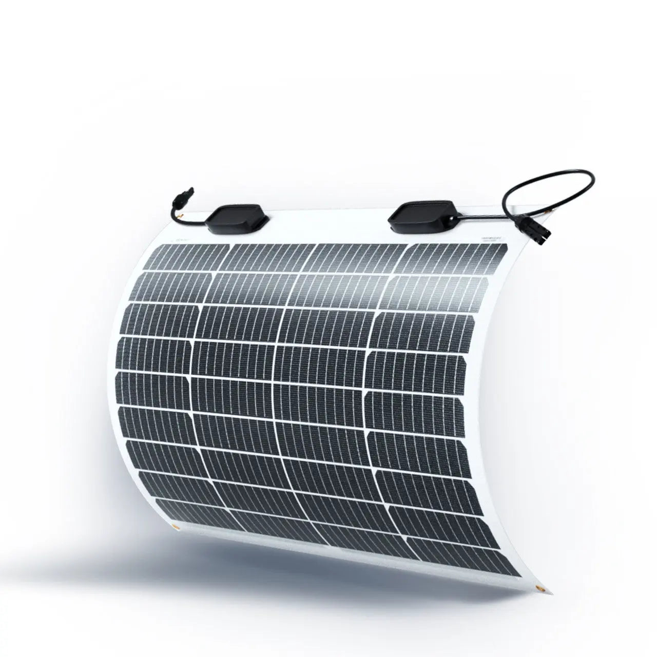 Renogy 50W flexible monocrystalline solar panel bent on a white background