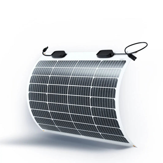 Renogy 50W flexible monocrystalline solar panel bent on a white background