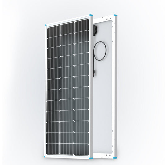 Renogy 100W solar panels shown from the front and back on a white background