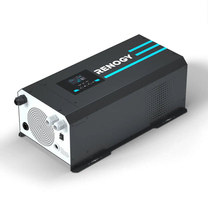 Renogy 12V 2000W inverter charger angled to show its cooling fan and cable terminals