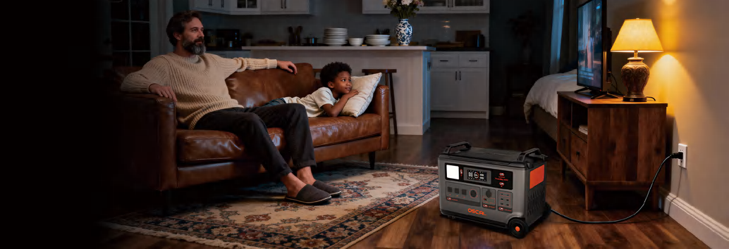 OSCAL PowerMax 6000 home backup power station in a living room