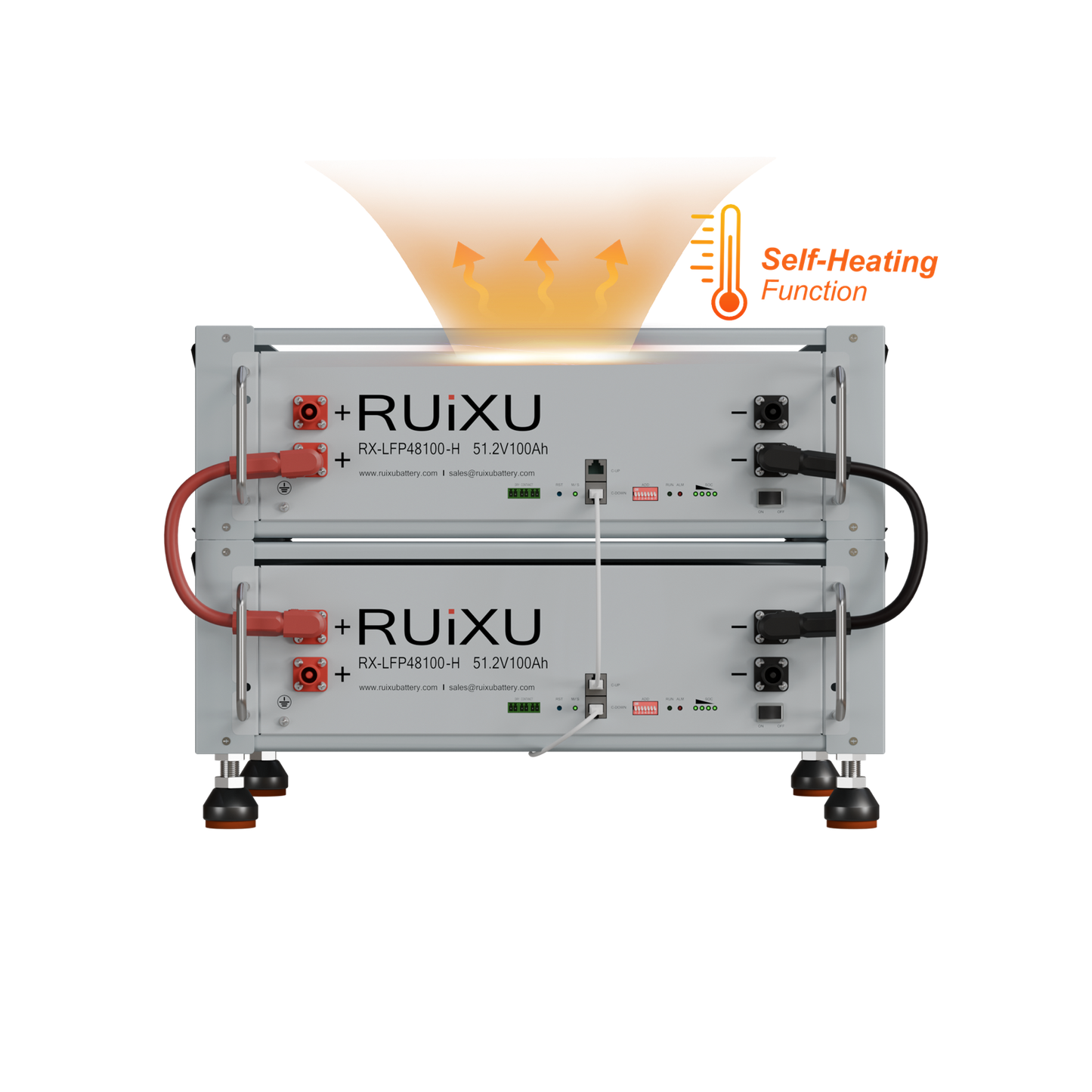 Two RUiXU RX-LFP48100-H self-heating batteries in a bracket rack; rack and additional battery sold separately