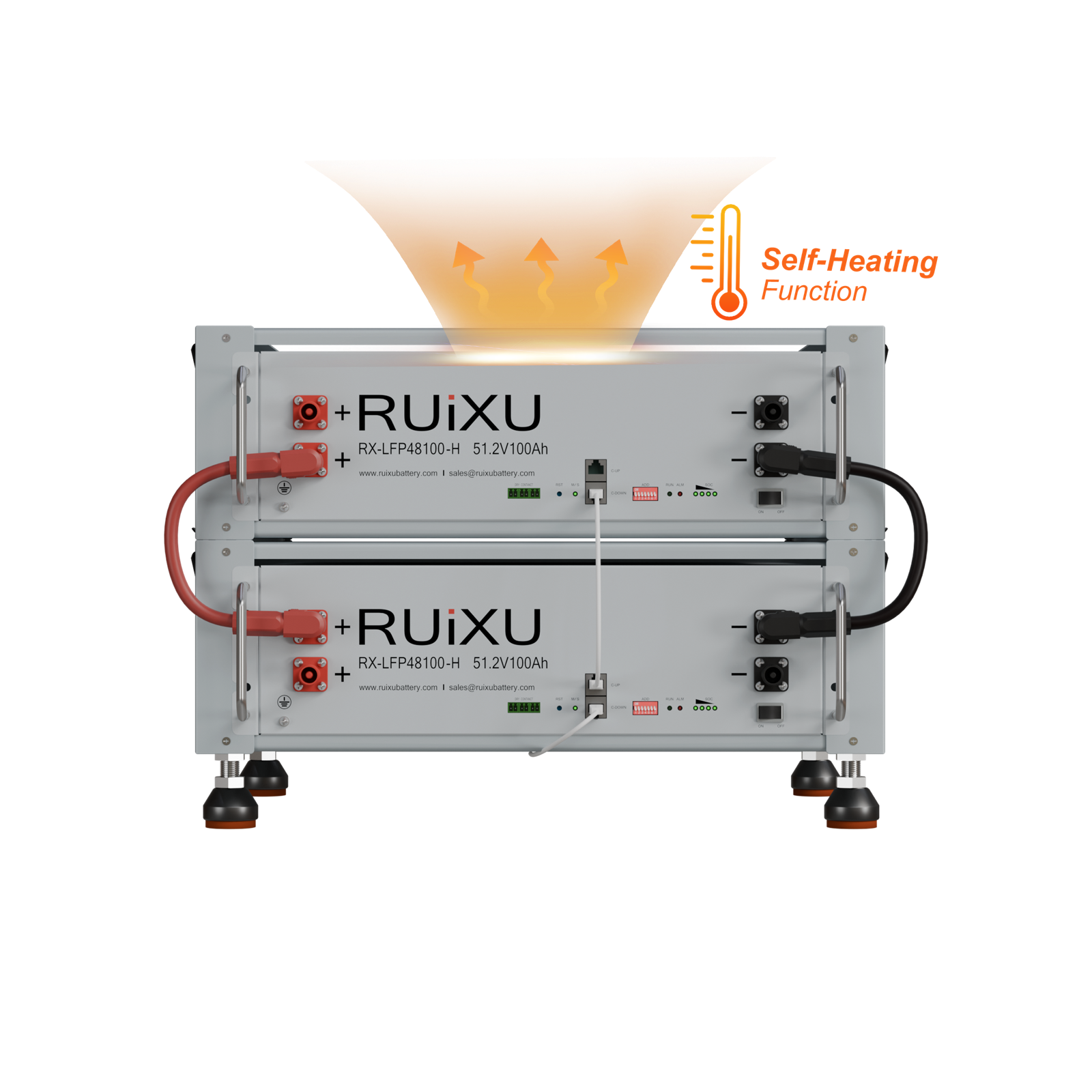 Two RUiXU RX-LFP48100-H self-heating batteries in a bracket rack; rack and additional battery sold separately