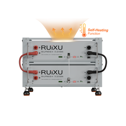 Two RUiXU RX-LFP48100-H self-heating batteries in a bracket rack; rack and additional battery sold separately