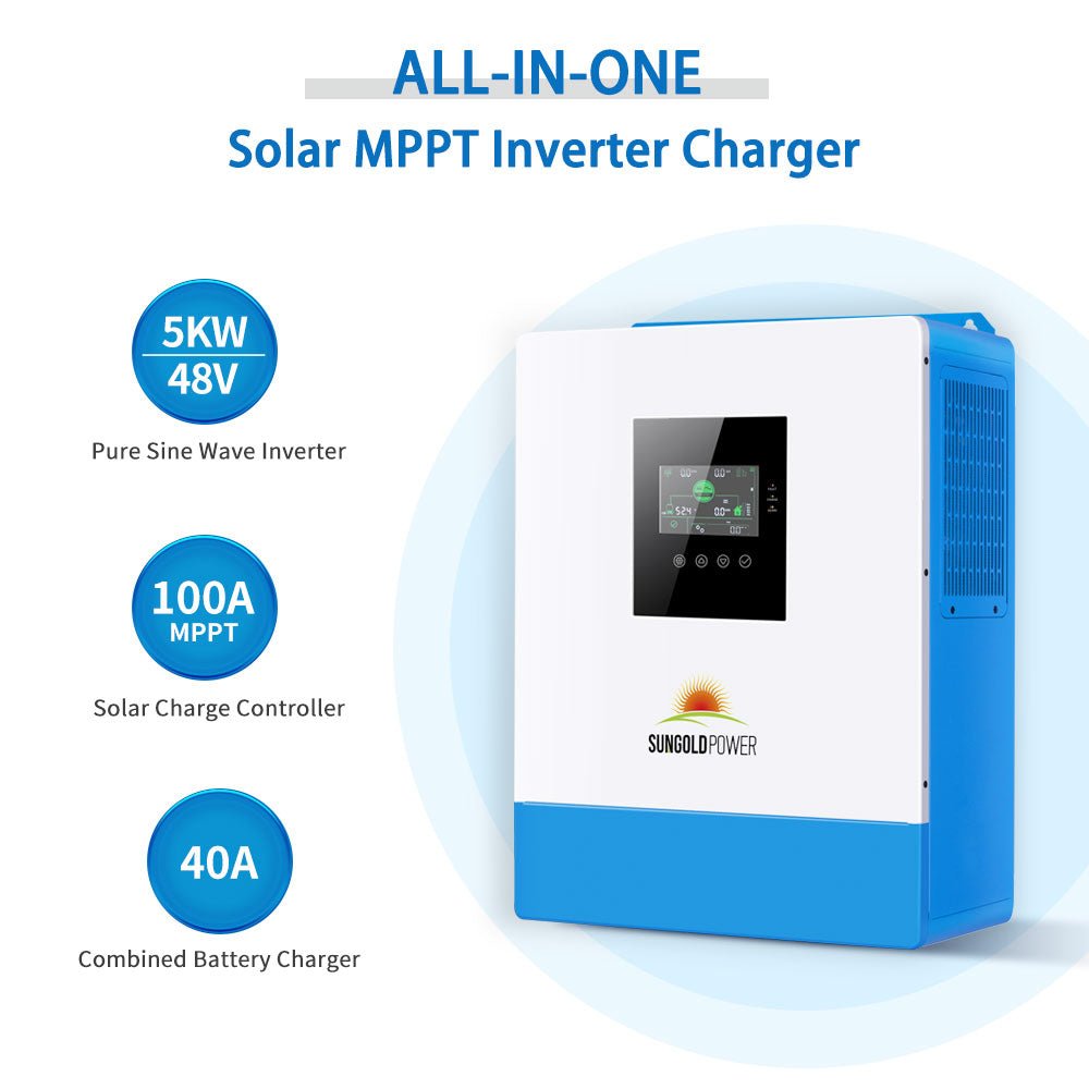 Included SPH5048P 5kW 48V 120V inverter with 100A MPPT and 40A AC charging