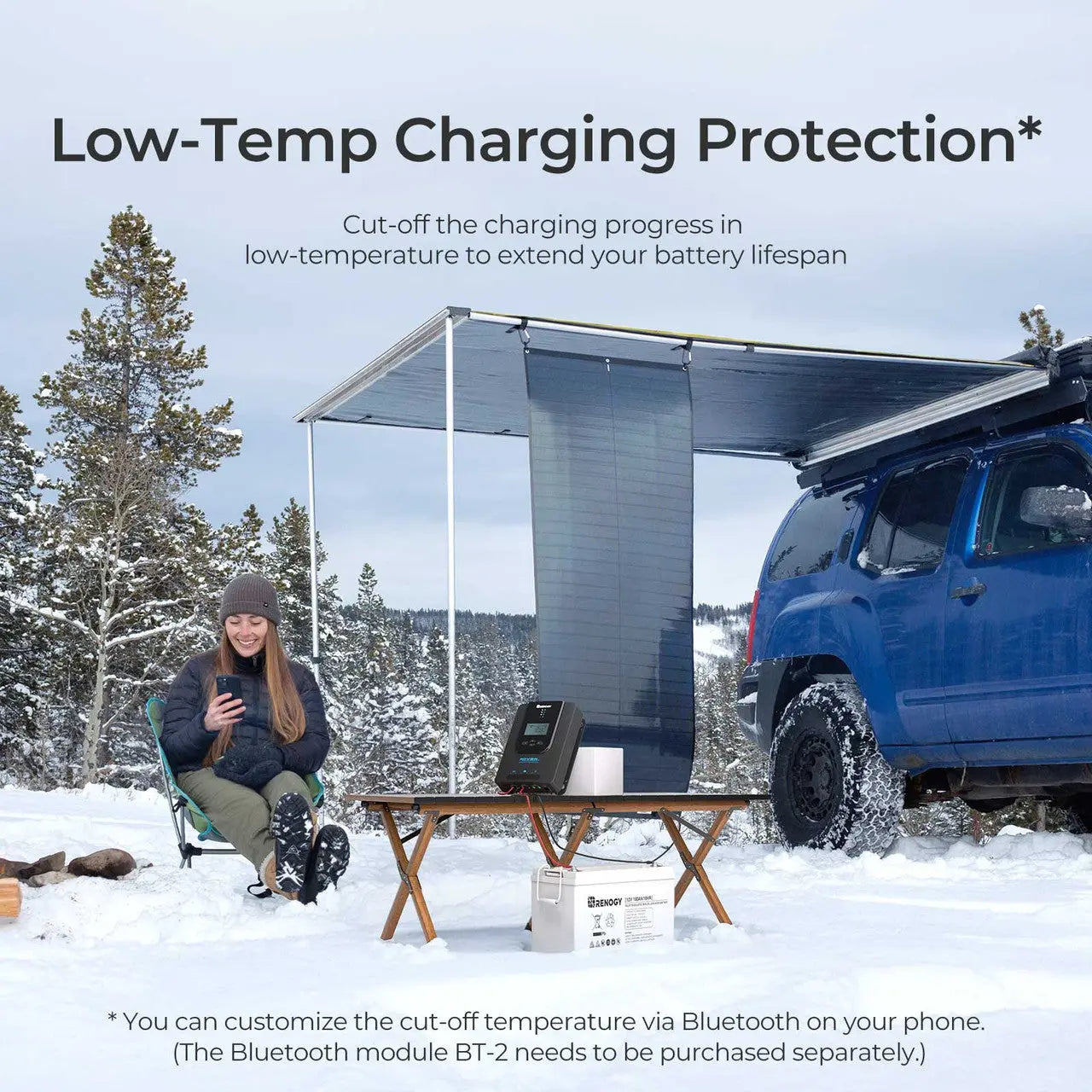 Renogy Rover 20A low-temperature charging protection shown in a snowy campsite