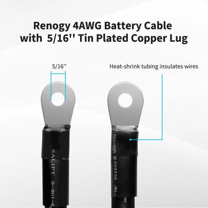 Close-up diagram of Renogy 4AWG cable with 5/16-inch lugs and heat-shrink insulation