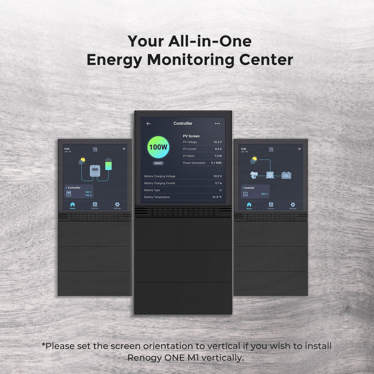 Renogy ONE energy monitor shown in vertical and horizontal screen orientations
