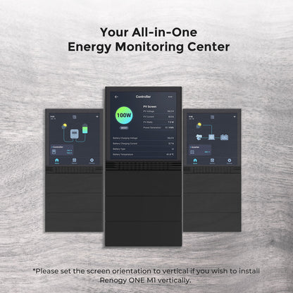 Renogy ONE energy monitor shown in vertical and horizontal screen orientations