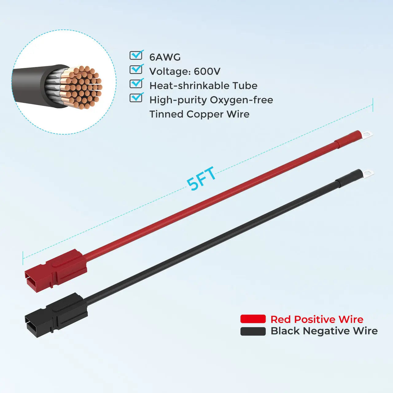 Renogy 5-foot 6AWG adapter cables with wire construction and length diagram