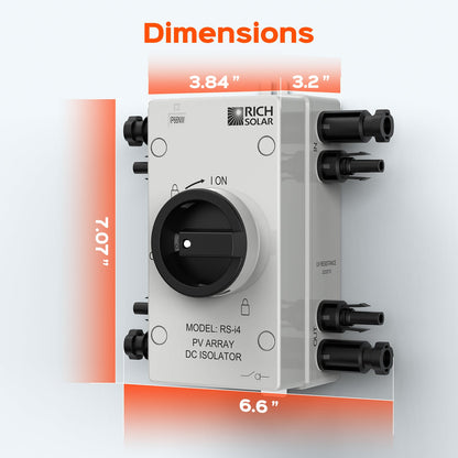 Four-string PV array isolator dimensions: 6.6 × 7.07 inches with 3.84- and 3.2-inch depth measurements