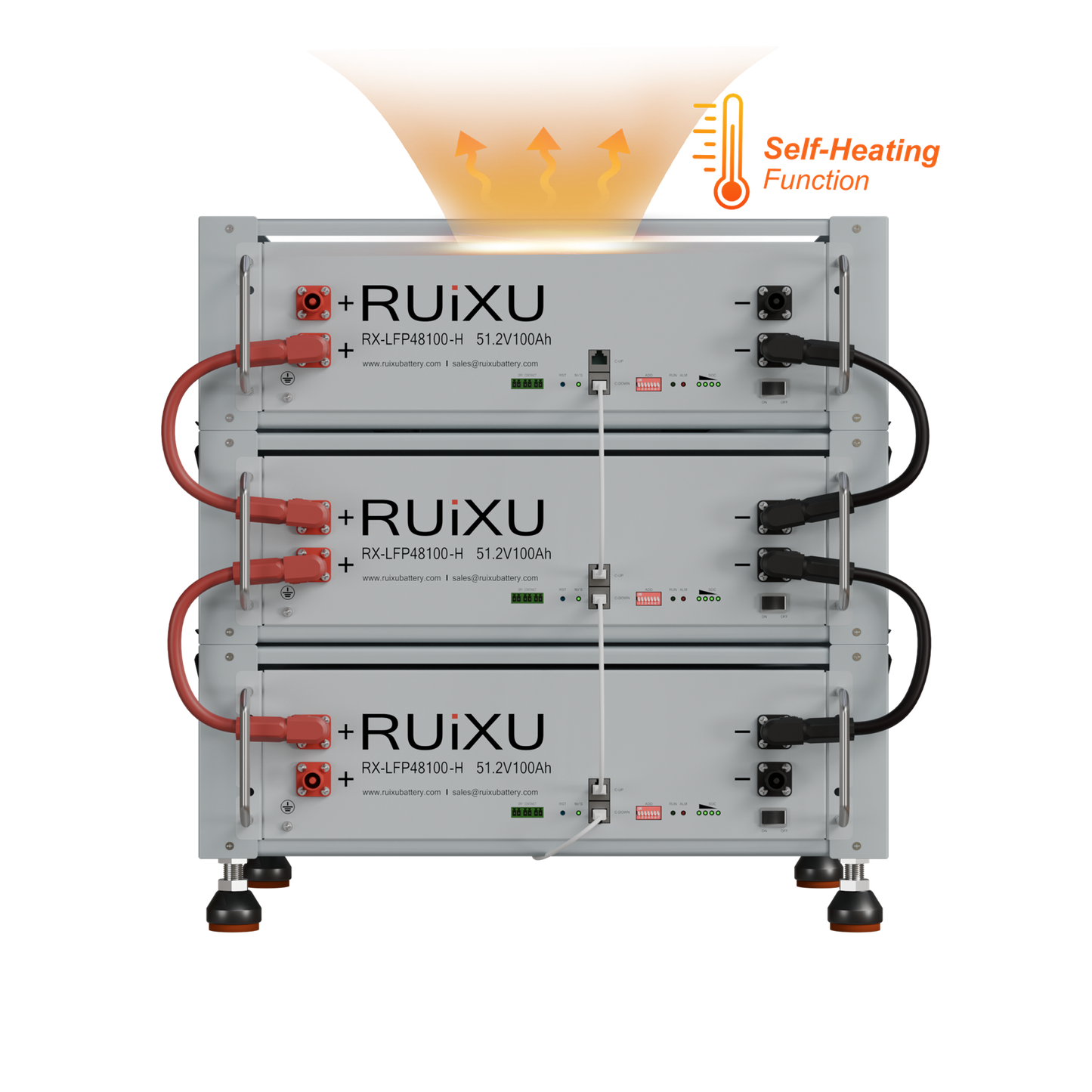 Three RUiXU RX-LFP48100-H self-heating batteries in a bracket rack; rack and additional batteries sold separately