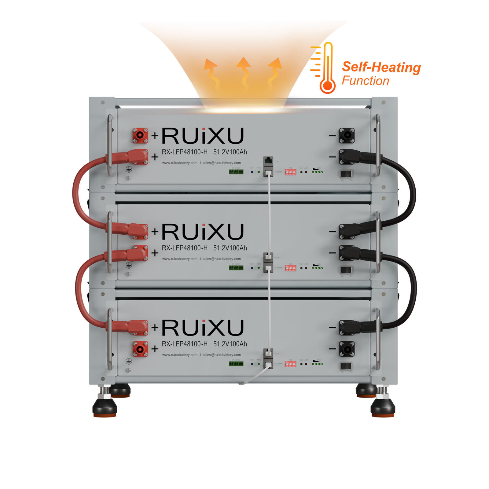 Three RUiXU RX-LFP48100-H self-heating batteries in a bracket rack; rack and additional batteries sold separately