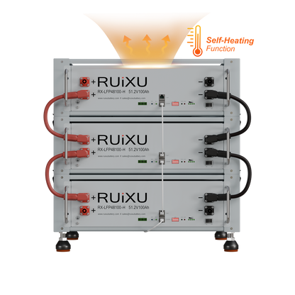 Three RUiXU RX-LFP48100-H self-heating batteries in a bracket rack; rack and additional batteries sold separately