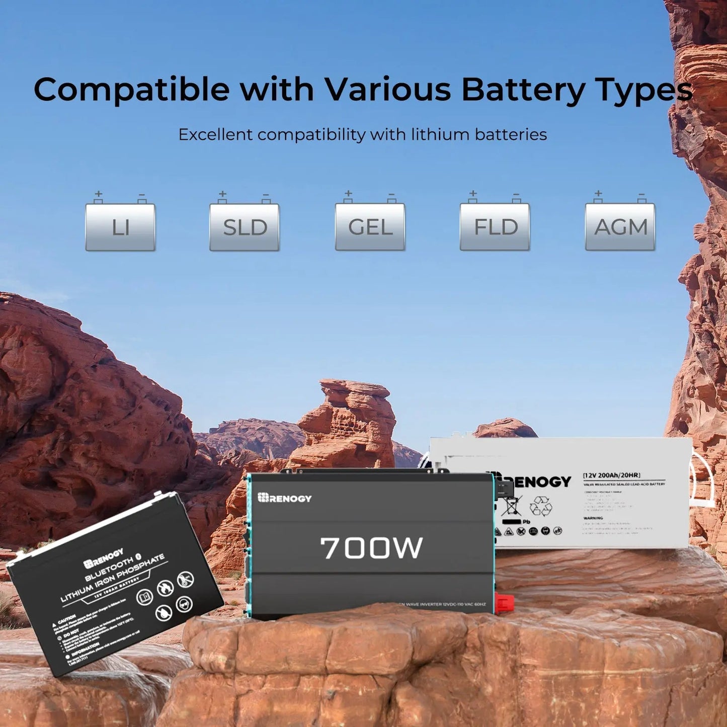 Renogy 700W inverter compatibility graphic for several battery types