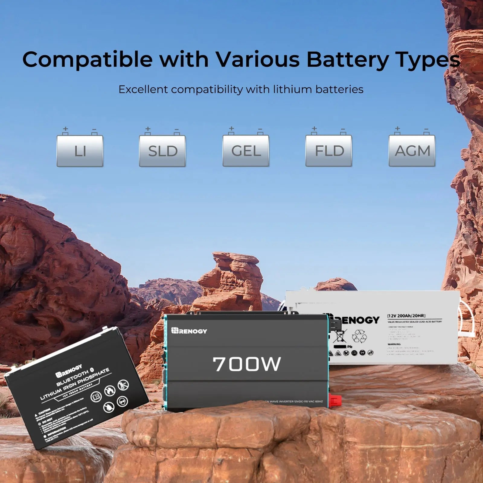 Renogy 700W inverter compatibility graphic for several battery types