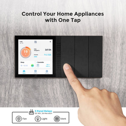 Renogy ONE monitor touchscreen and three relay buttons used to control appliances