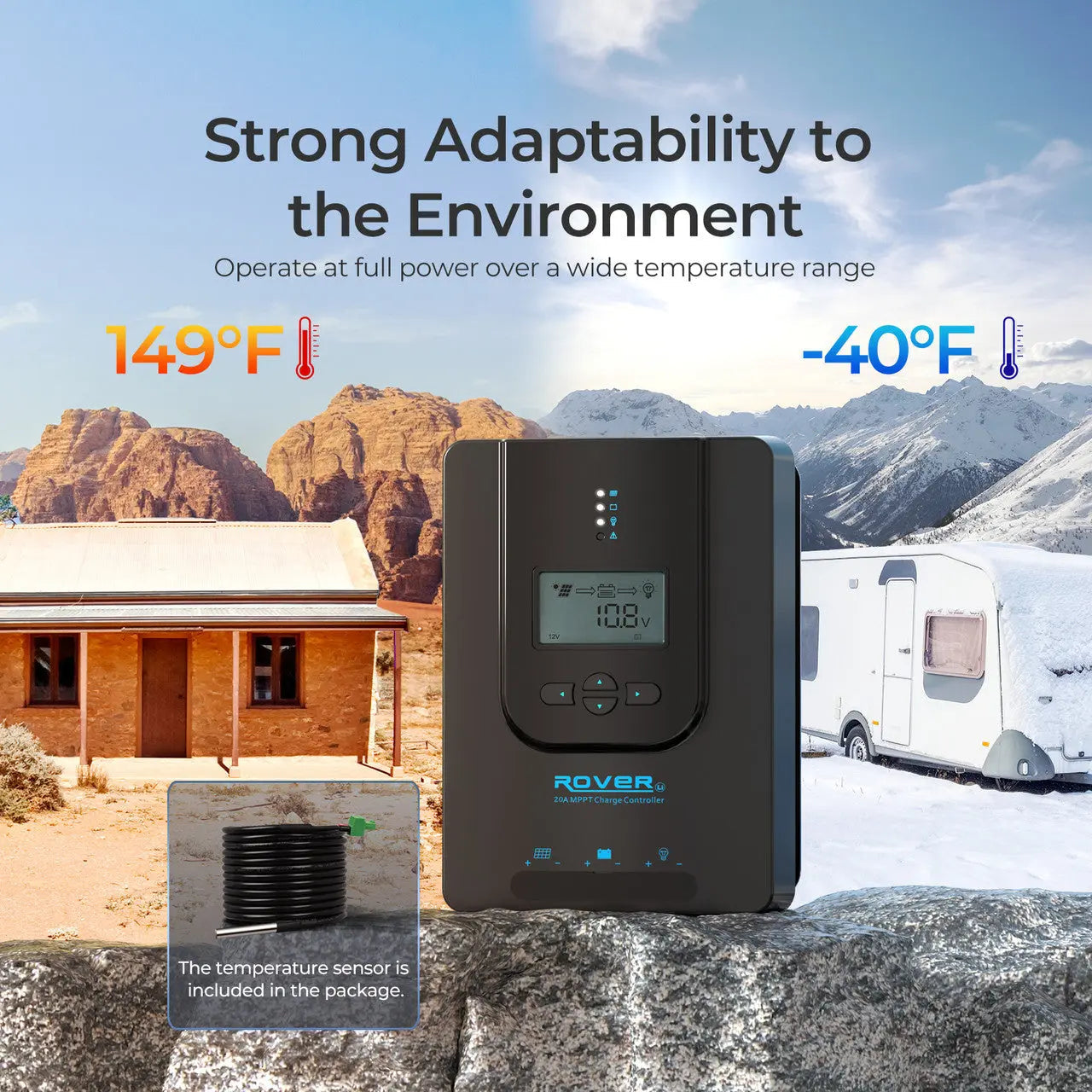 Renogy Rover 20A operating-temperature graphic with included temperature sensor