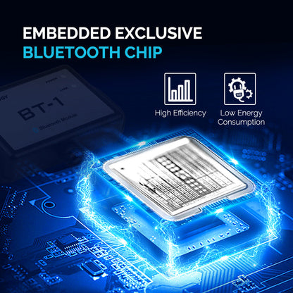 Renogy BT-1 embedded Bluetooth chip graphic highlighting efficiency and low power use