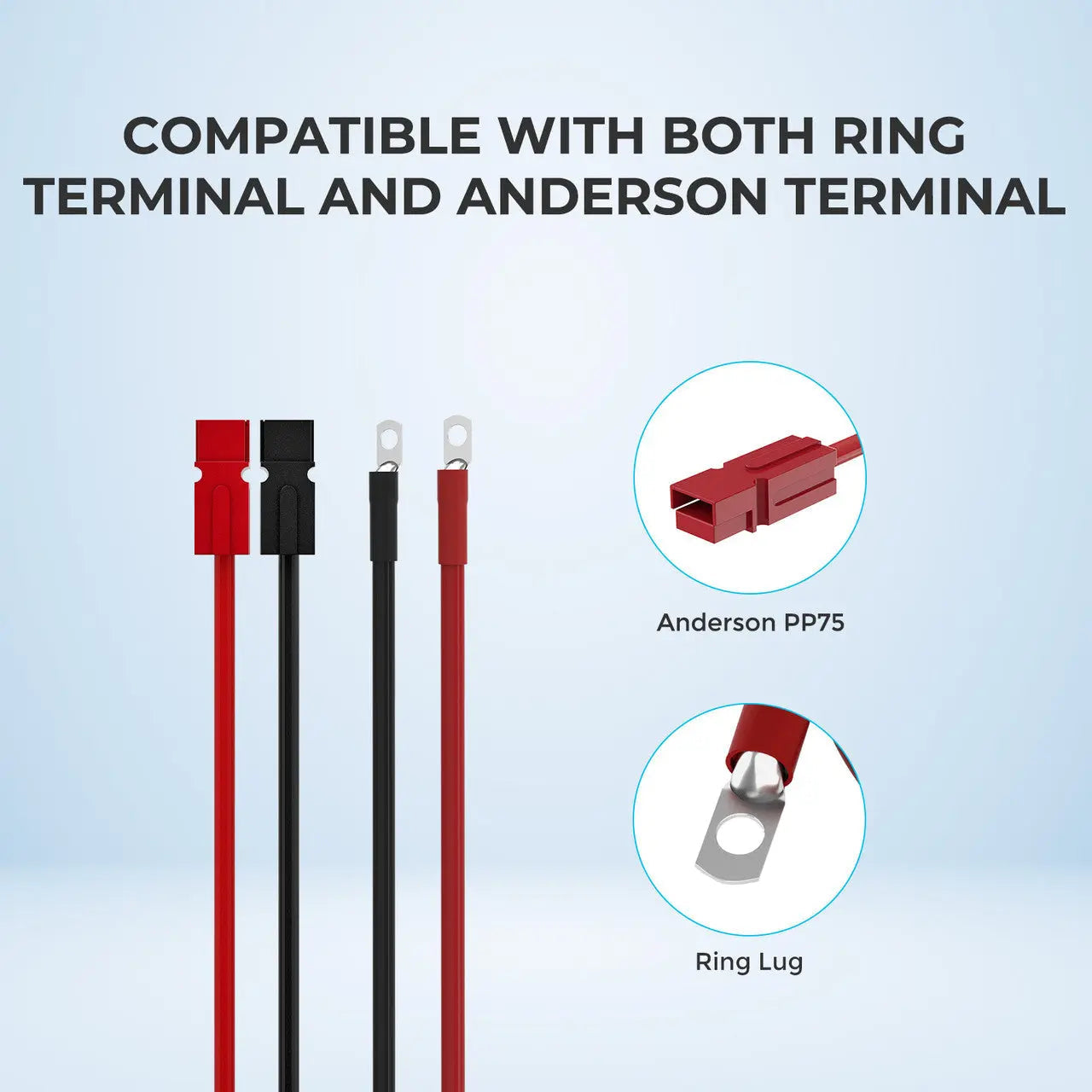 Close-up of Anderson PP75 and ring-lug ends on Renogy 6AWG adapter cables