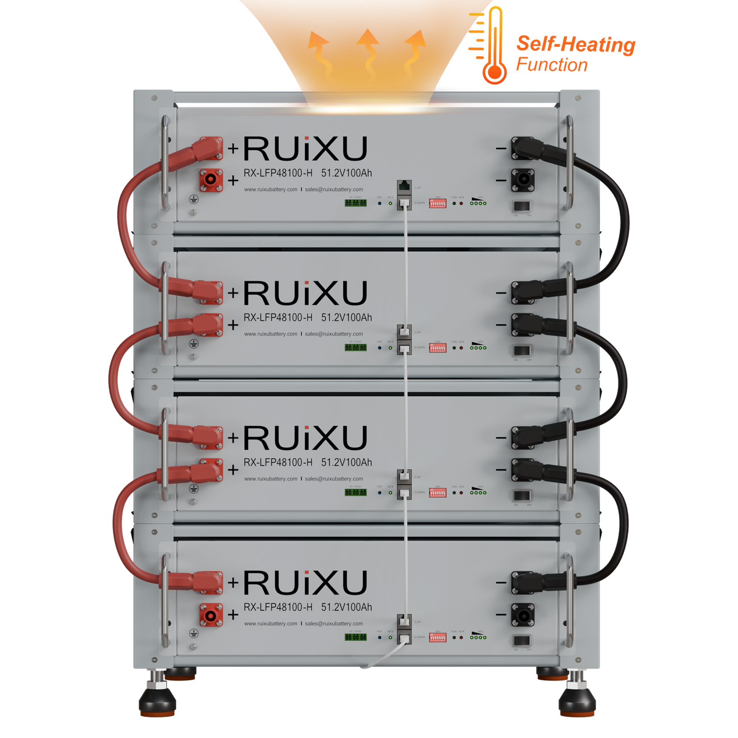 Four RUiXU RX-LFP48100-H self-heating batteries in a bracket rack; rack and additional batteries sold separately