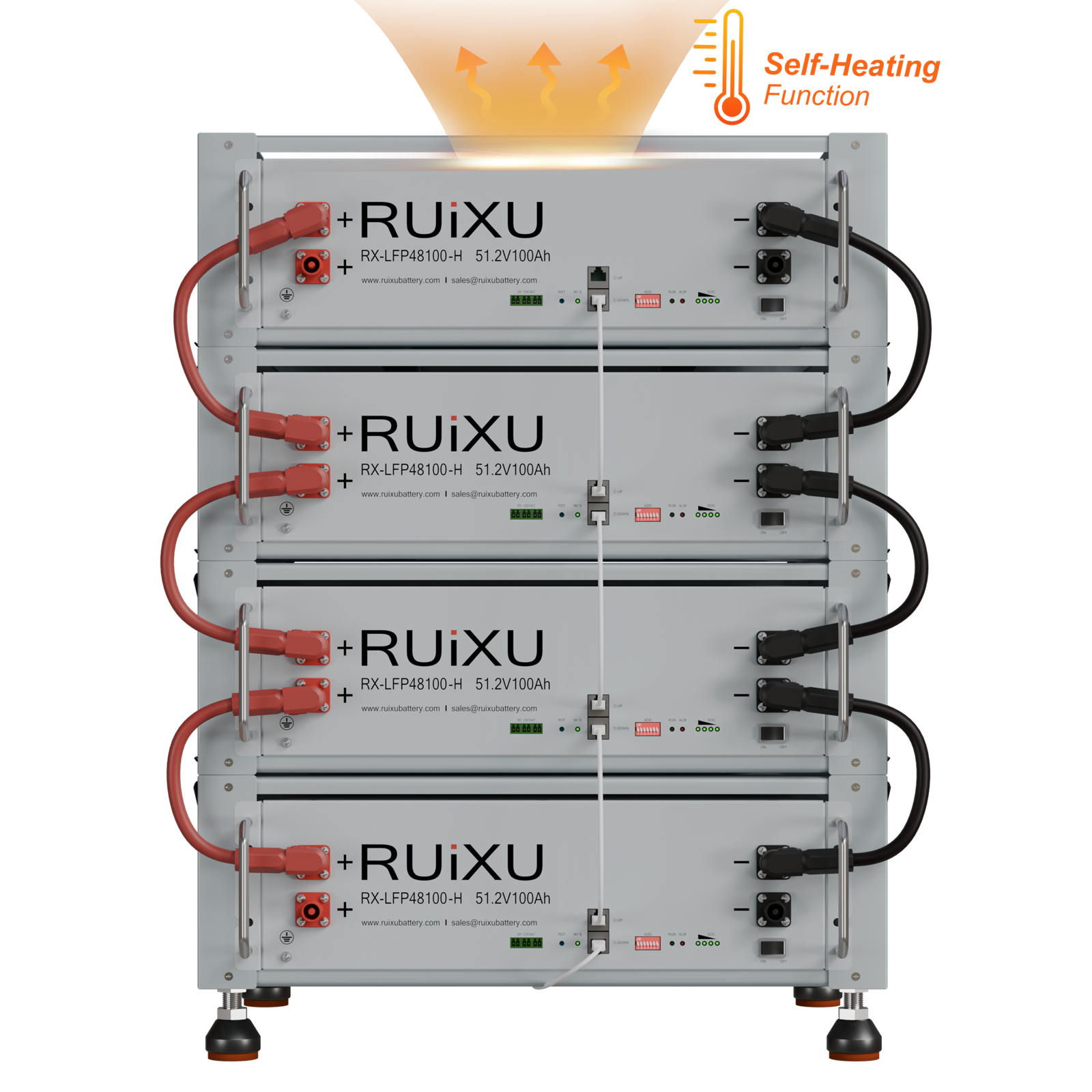 Four RUiXU RX-LFP48100-H self-heating batteries in a bracket rack; rack and additional batteries sold separately