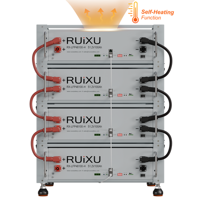 Four RUiXU RX-LFP48100-H self-heating batteries in a bracket rack; rack and additional batteries sold separately
